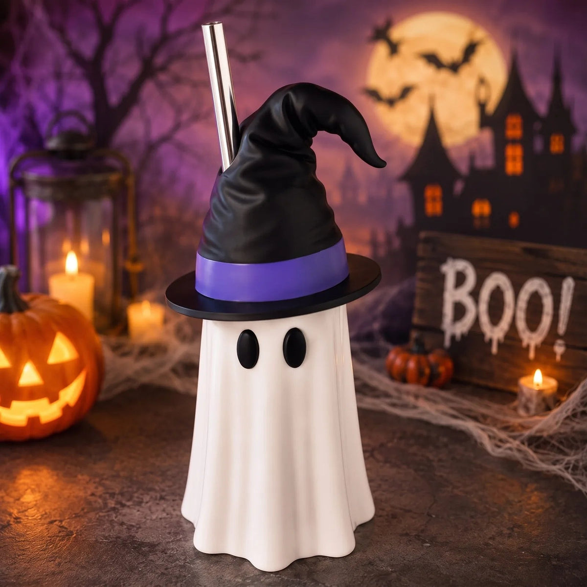 Halloween Ghost Can Holder with Witch Hat – 12 oz