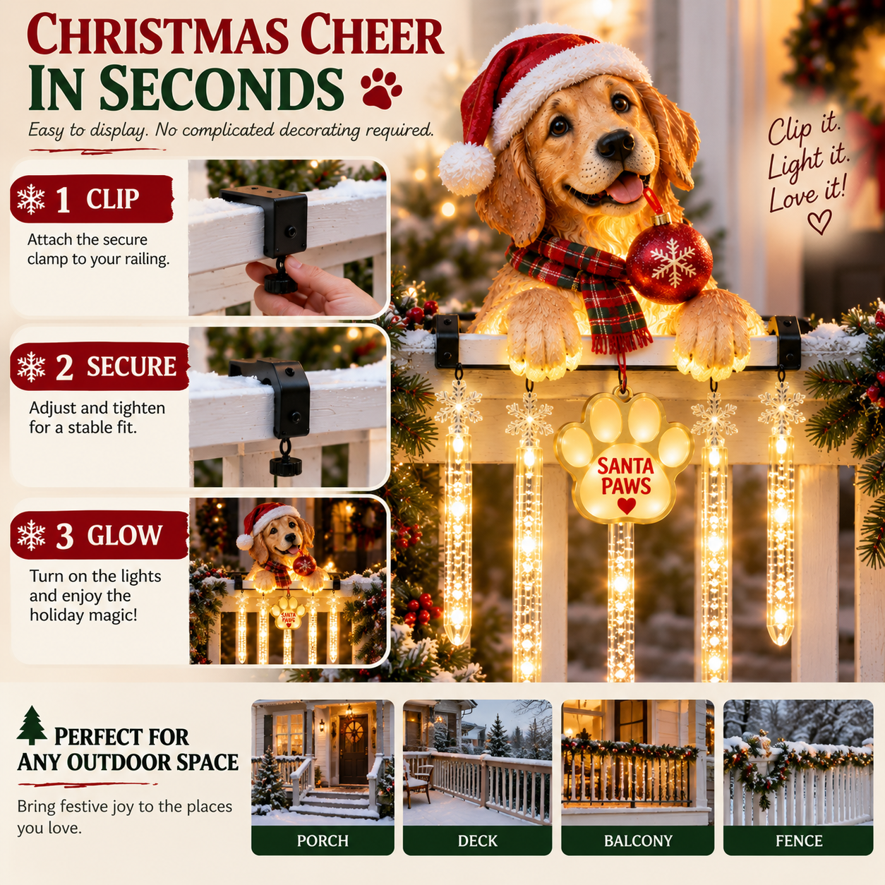 Three step setup for Santa Paws Christmas porch railing light