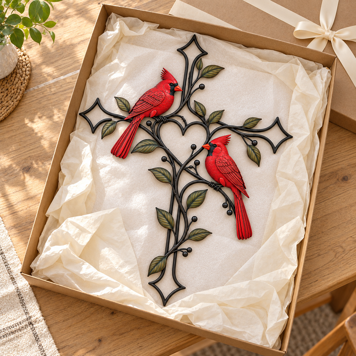 🐦❤️ Love Stays Close – Cardinal Heart Cross Wall Decor