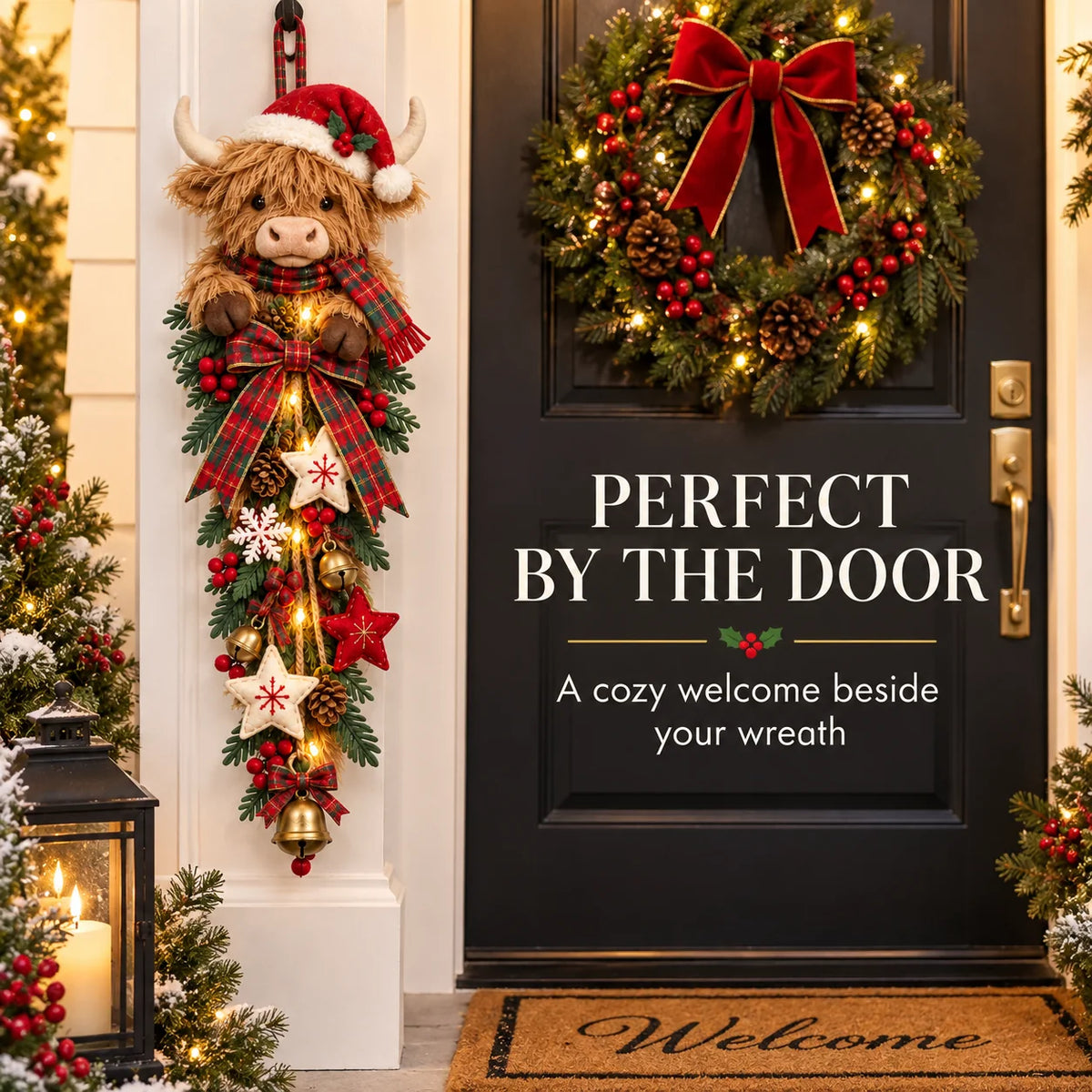 🎄 Lighted Highland Cow Christmas Door Swag – A Cozy Holiday Welcome