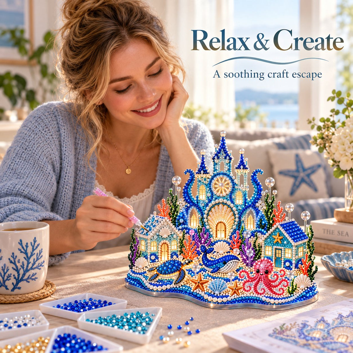 🌊 A Jeweled Sculpture You Build, Then Switch On — 3D Gem Art Underwater Village DIY Kit with LED Night-Glow Light Base