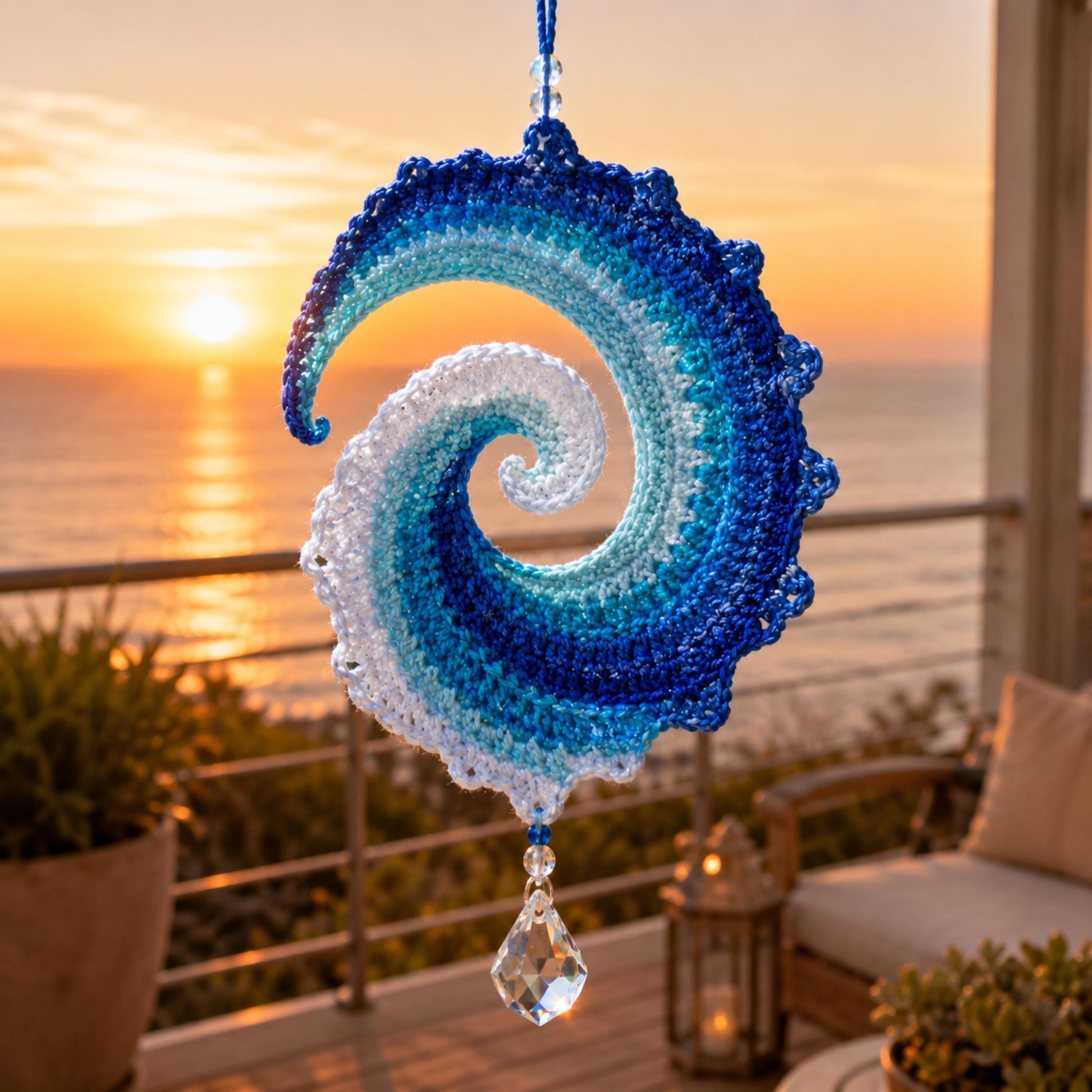 Finished ocean wave crochet wind spinner hanging at sunset