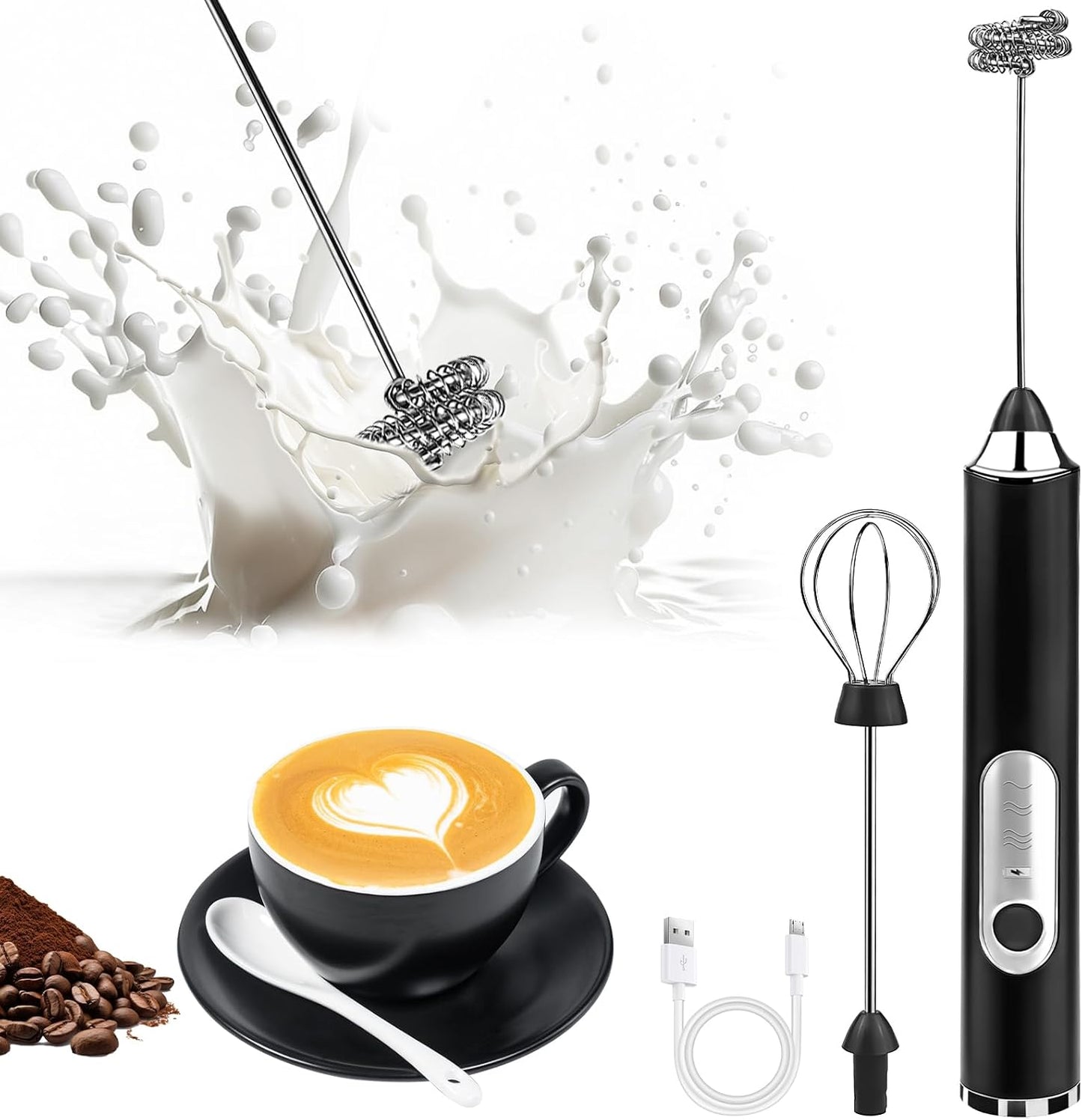 ☕ Rechargeable Milk Frother – Handheld with 2 Heads & 3 Speeds, Electric Mixer for Latte, Cappuccino, Matcha, Eggs (Black/White) 🌀