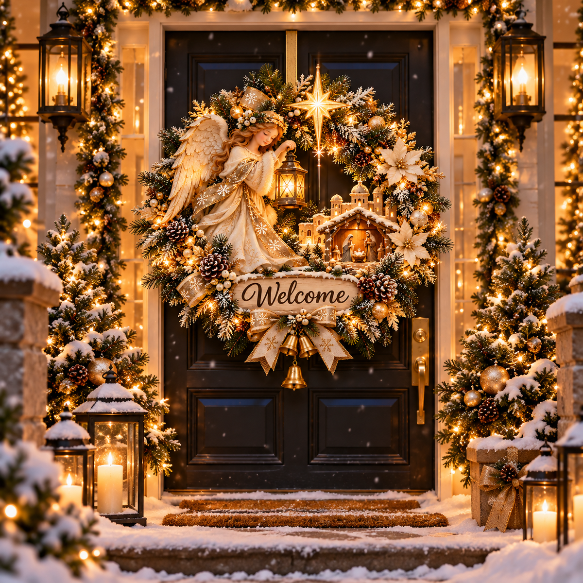 Angel Nativity wreath greeting guests on a warm snowy Christmas porch