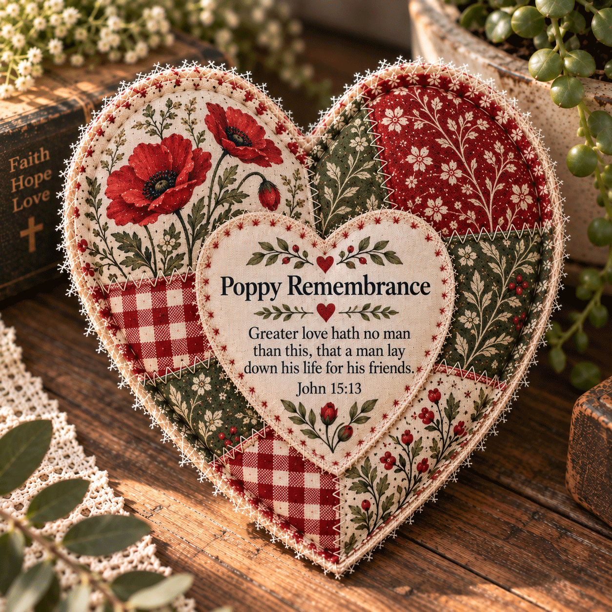 ❤️ Faith & Comfort Patchwork Heart Decor – Scripture-Inspired Keepsake