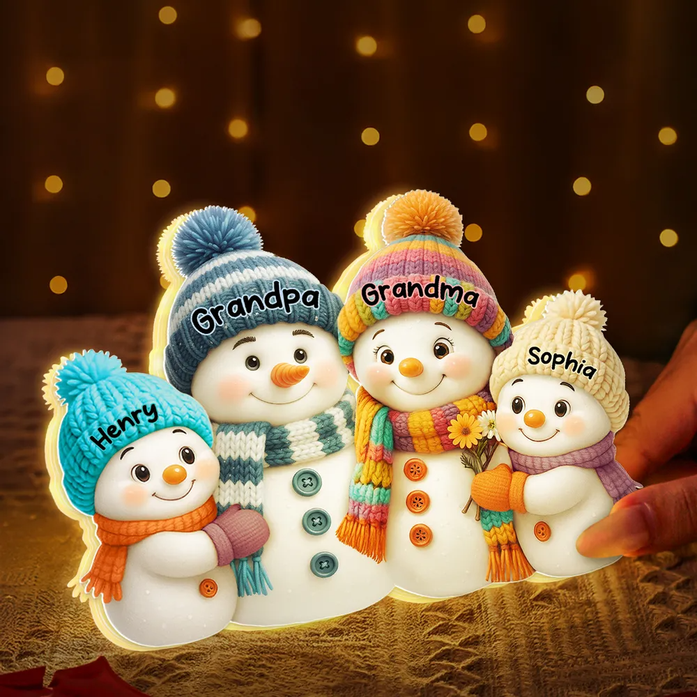 3D Effect Snowman Grandma Grandpa and Grandkids Personalized Light Box - Christmas Gift for Family, Grandma, Grandpa
