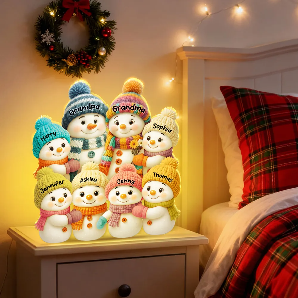3D Effect Snowman Grandma Grandpa and Grandkids Personalized Light Box - Christmas Gift for Family, Grandma, Grandpa