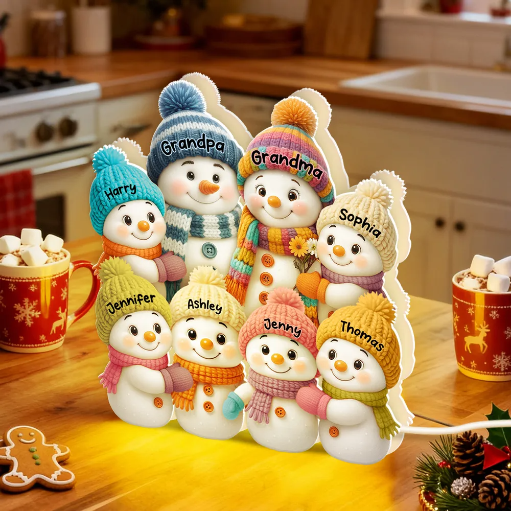 3D Effect Snowman Grandma Grandpa and Grandkids Personalized Light Box - Christmas Gift for Family, Grandma, Grandpa