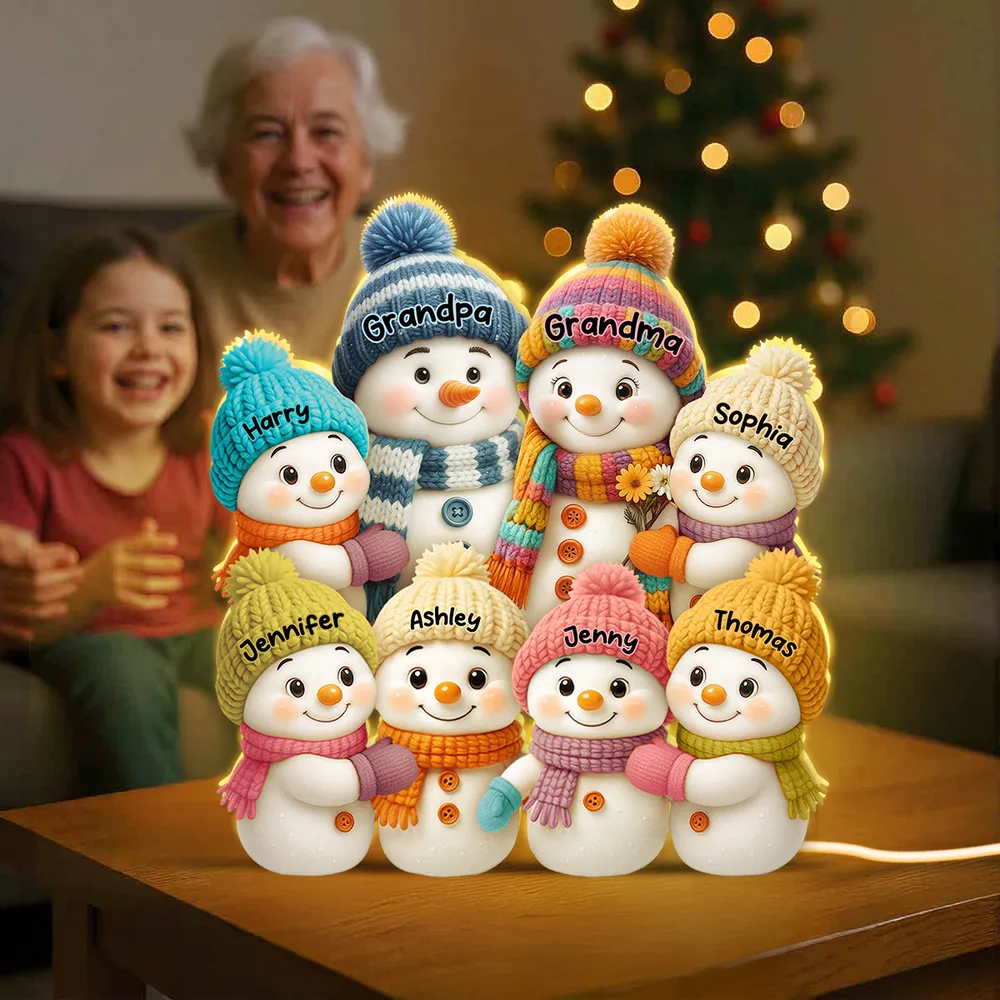 3D Effect Snowman Grandma Grandpa and Grandkids Personalized Light Box - Christmas Gift for Family, Grandma, Grandpa