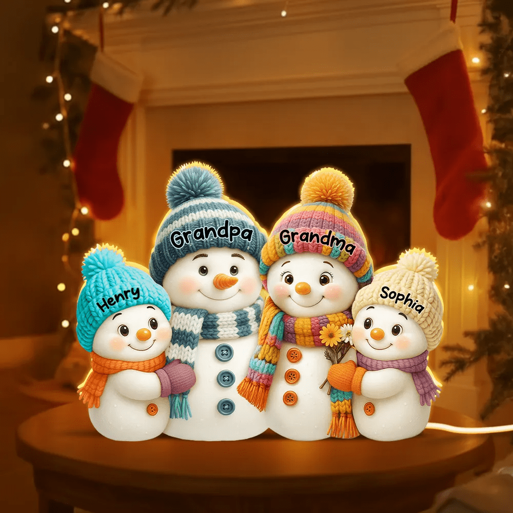 3D Effect Snowman Grandma Grandpa and Grandkids Personalized Light Box - Christmas Gift for Family, Grandma, Grandpa