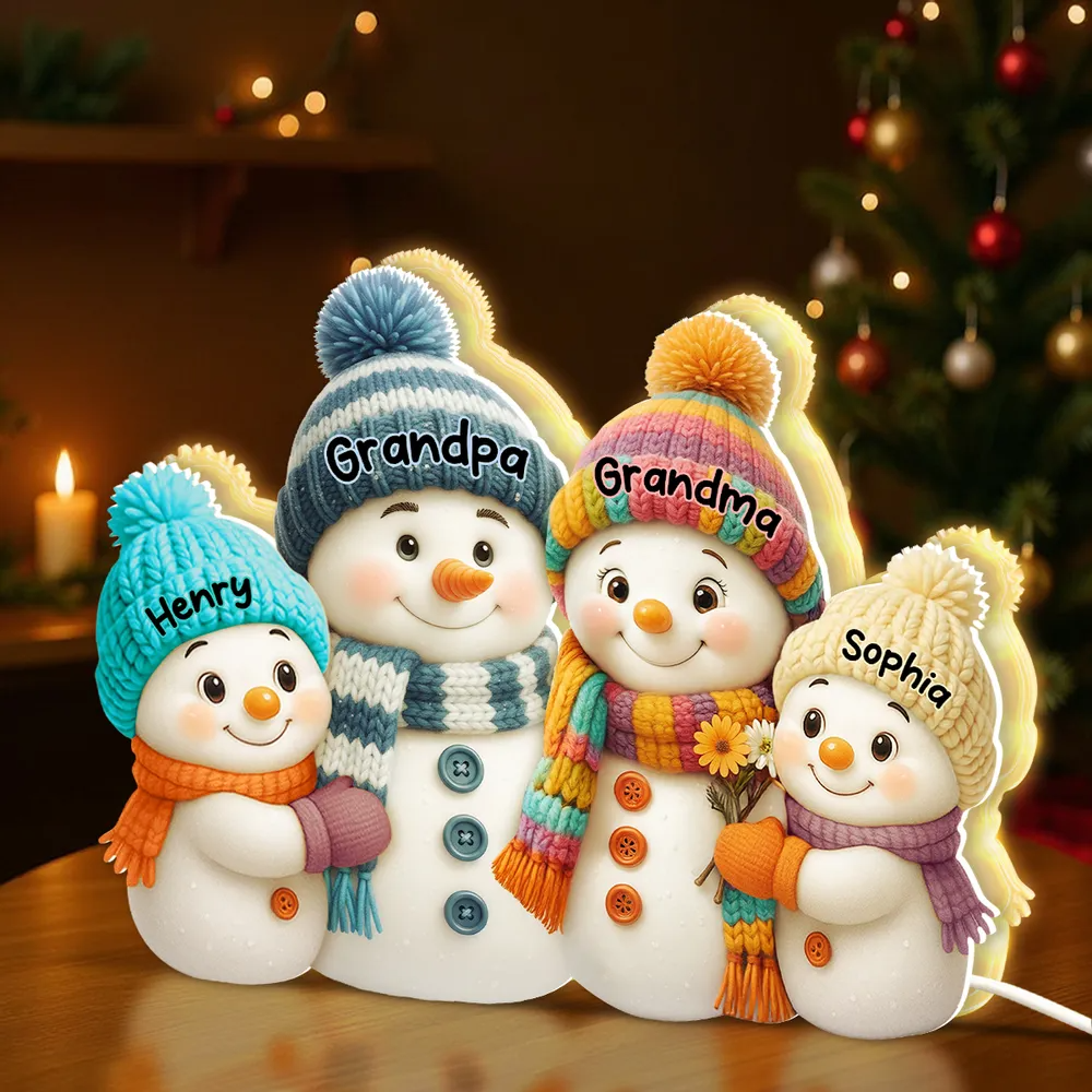 3D Effect Snowman Grandma Grandpa and Grandkids Personalized Light Box - Christmas Gift for Family, Grandma, Grandpa