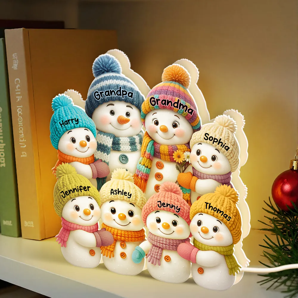 3D Effect Snowman Grandma Grandpa and Grandkids Personalized Light Box - Christmas Gift for Family, Grandma, Grandpa
