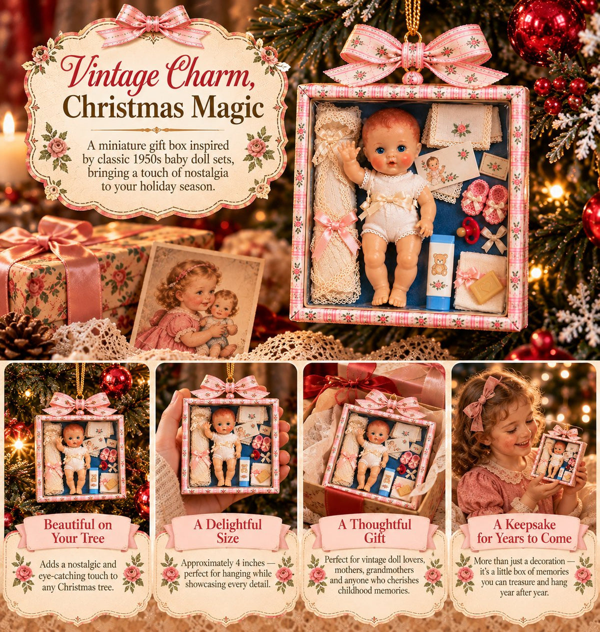🎄🎁Vintage Baby Doll Gift Box Christmas Ornament – Nostalgic Keepsake | A Heartwarming Christmas Gift for Doll Lovers, Moms & Grandmas.