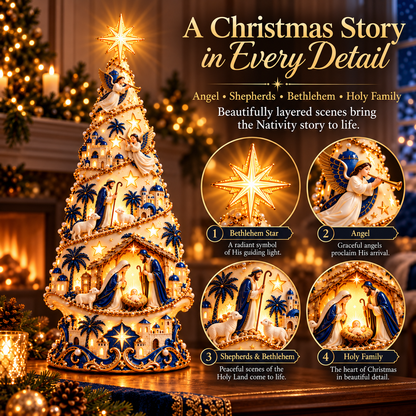 🔥Last Day 50% OFF-✨✝️ Bethlehem Nativity Light-Up Christmas Tree – Jesus Shadow Projection Holiday Decor