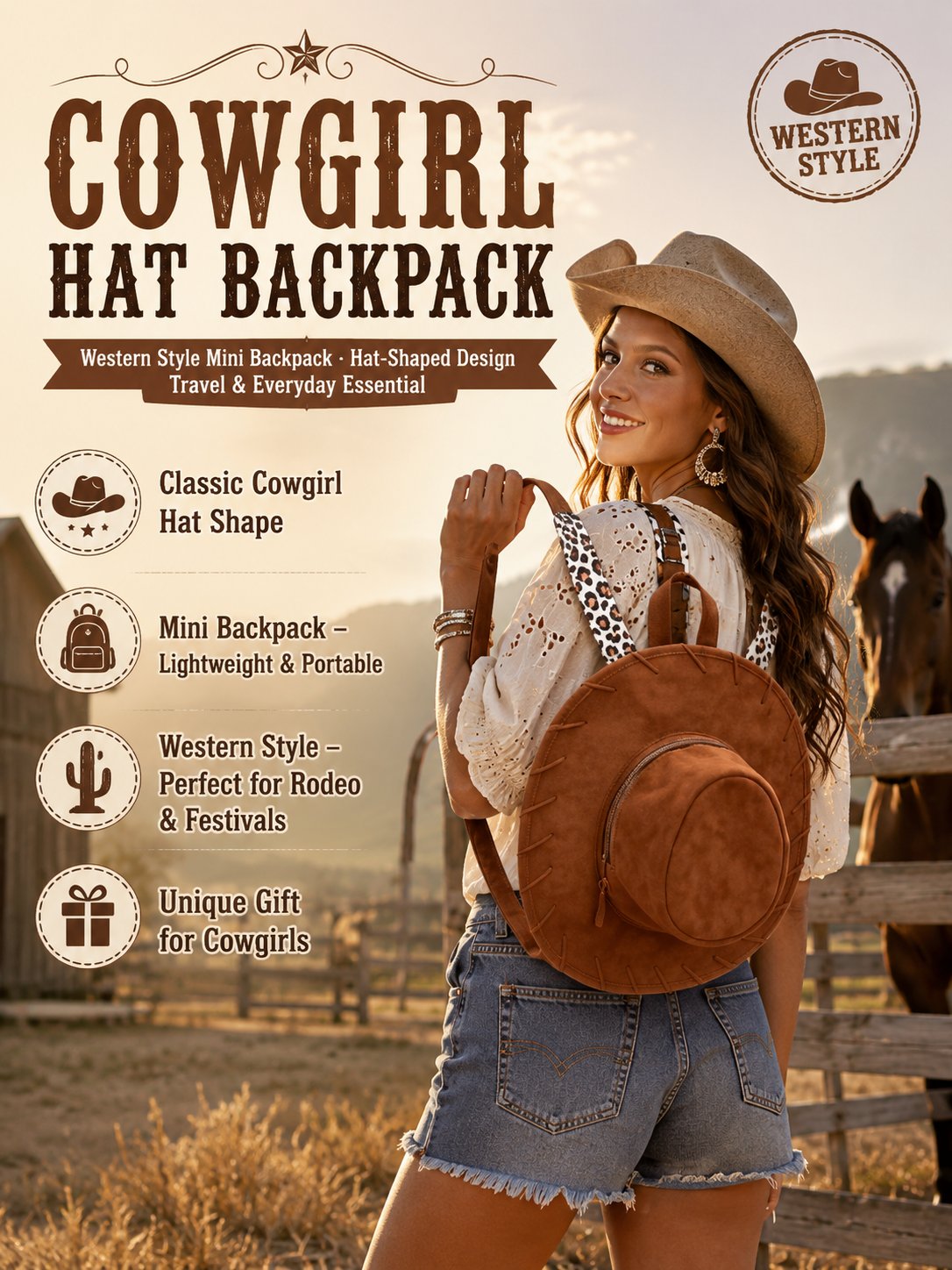 Cowgirl Hat Backpack – Western Style Mini Backpack for Travel & Everyday Use