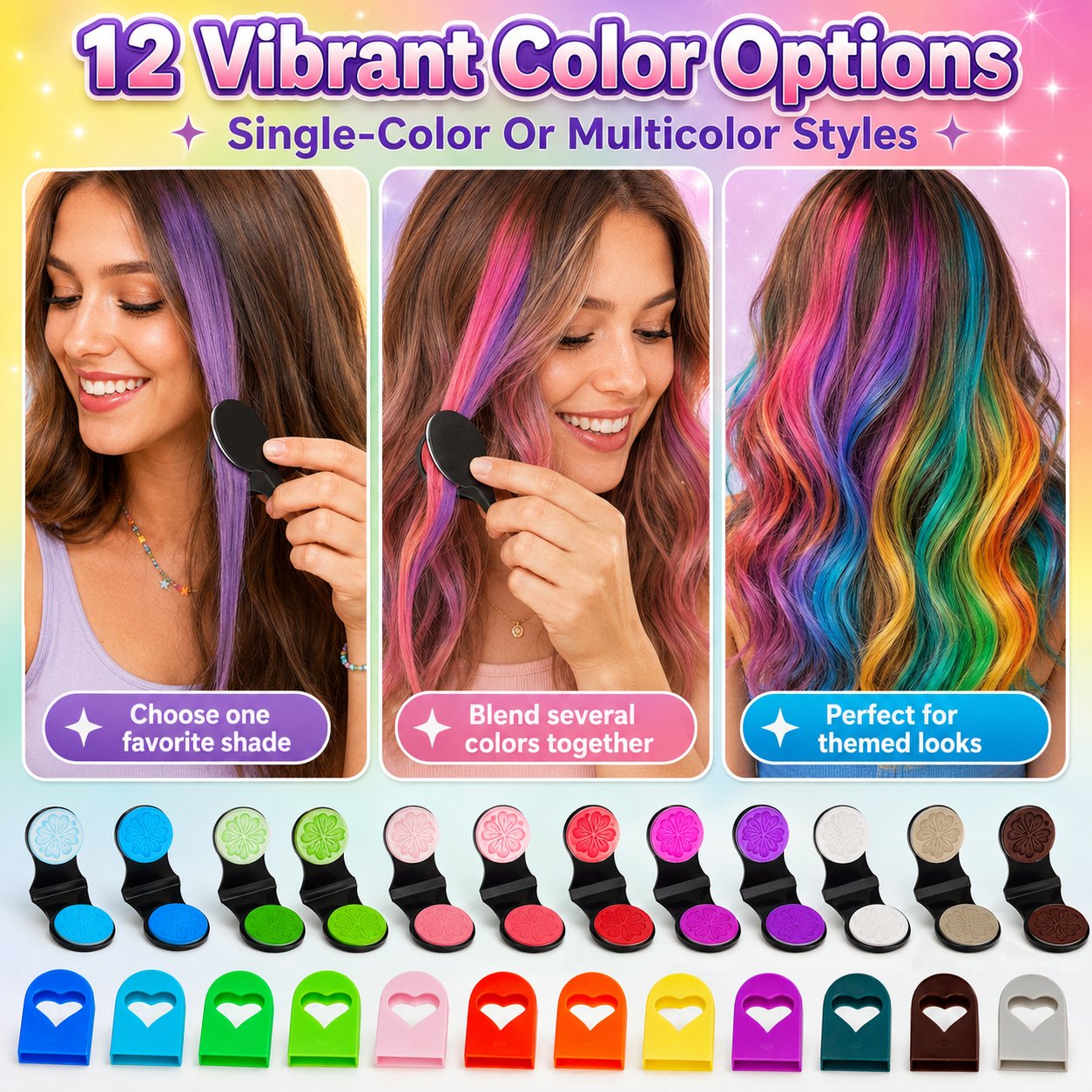 🌈 12-Color Washable Hair Chalk Styling Applicator Set | Vibrant Buildable Shades in Easy Clamp-On Applicators for Highlights, Streaks & Costume Looks ✨