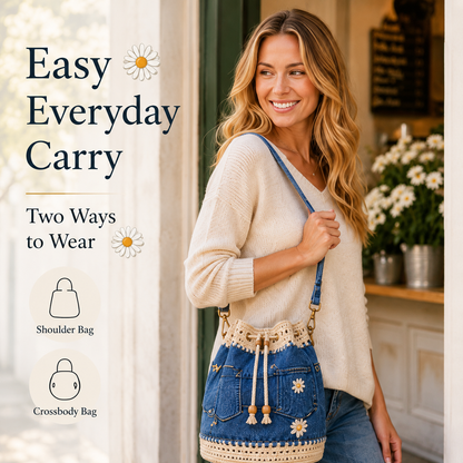 Handmade Denim Crochet Bucket Bag – Daisy-Embroidered Drawstring Crossbody Bag
