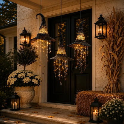 3 Pack Lighted Hanging Witch Hat Star Garland Halloween Decor