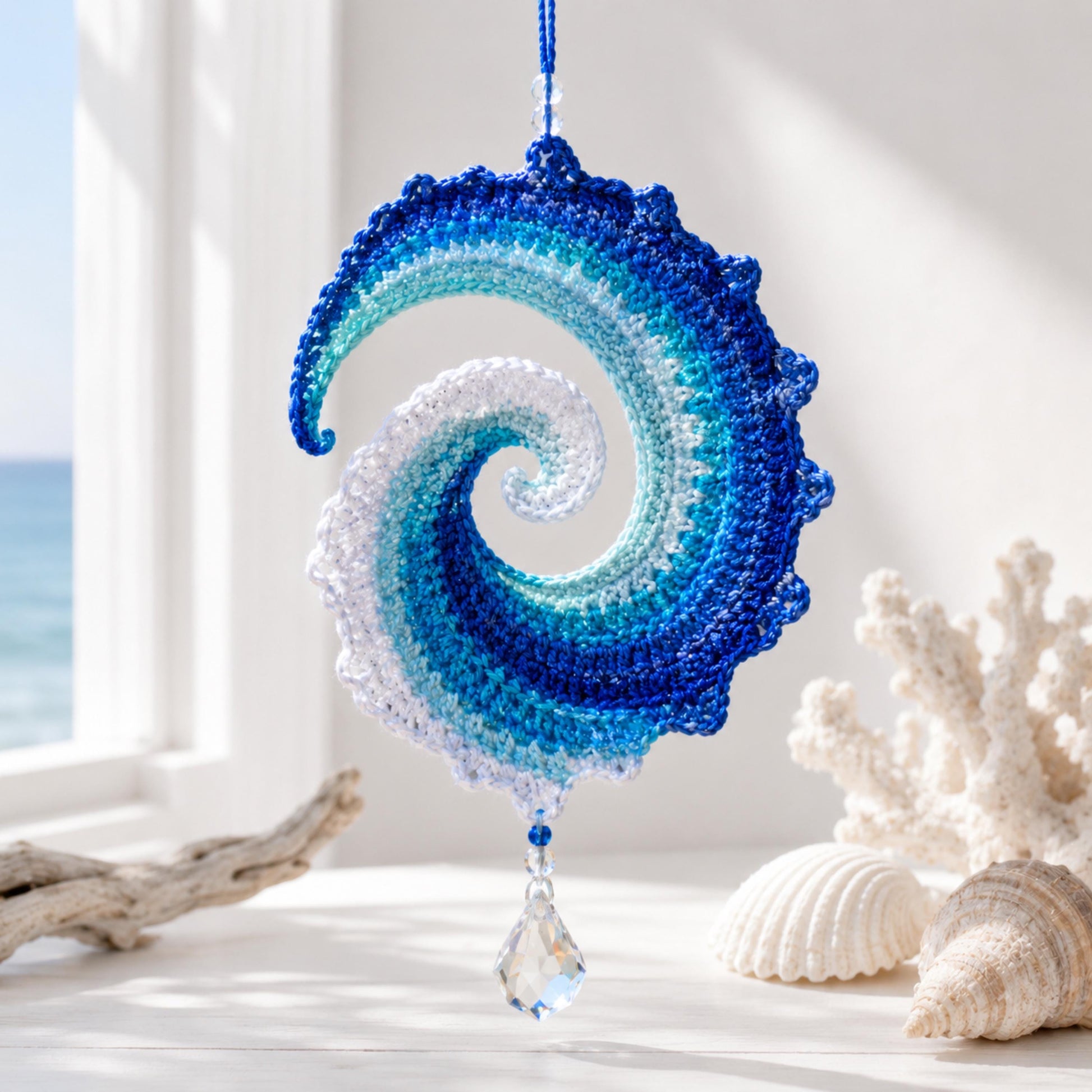 Ocean wave crochet ornament with crystal pendant