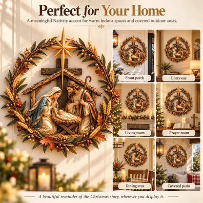 ✝️🍂 Autumn Nativity Cross Metal Wall Decor – Rustic Holy Family Harvest Wreath