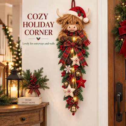 🎄 Lighted Highland Cow Christmas Door Swag – A Cozy Holiday Welcome