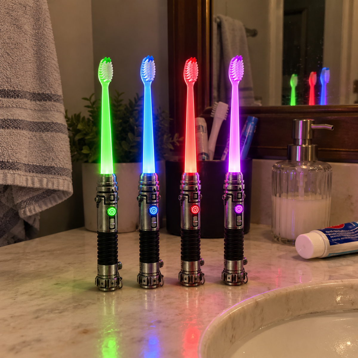 Galactic Glow light-up toothbrushes in four glowing colors