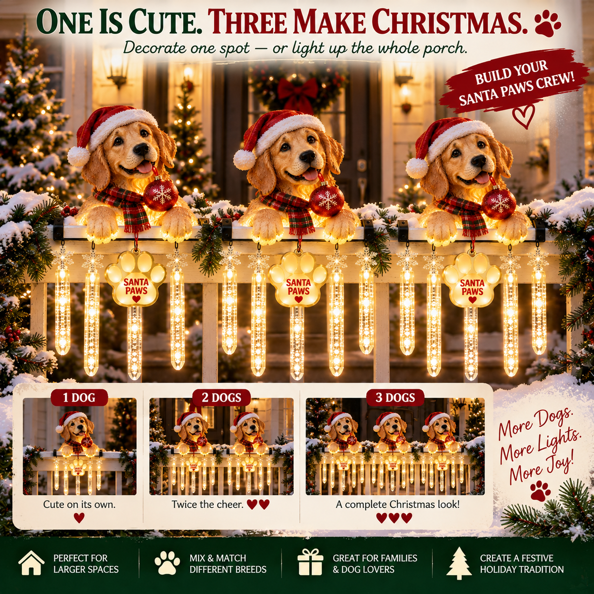 Multiple Santa Paws Christmas dog lights displayed across porch railing