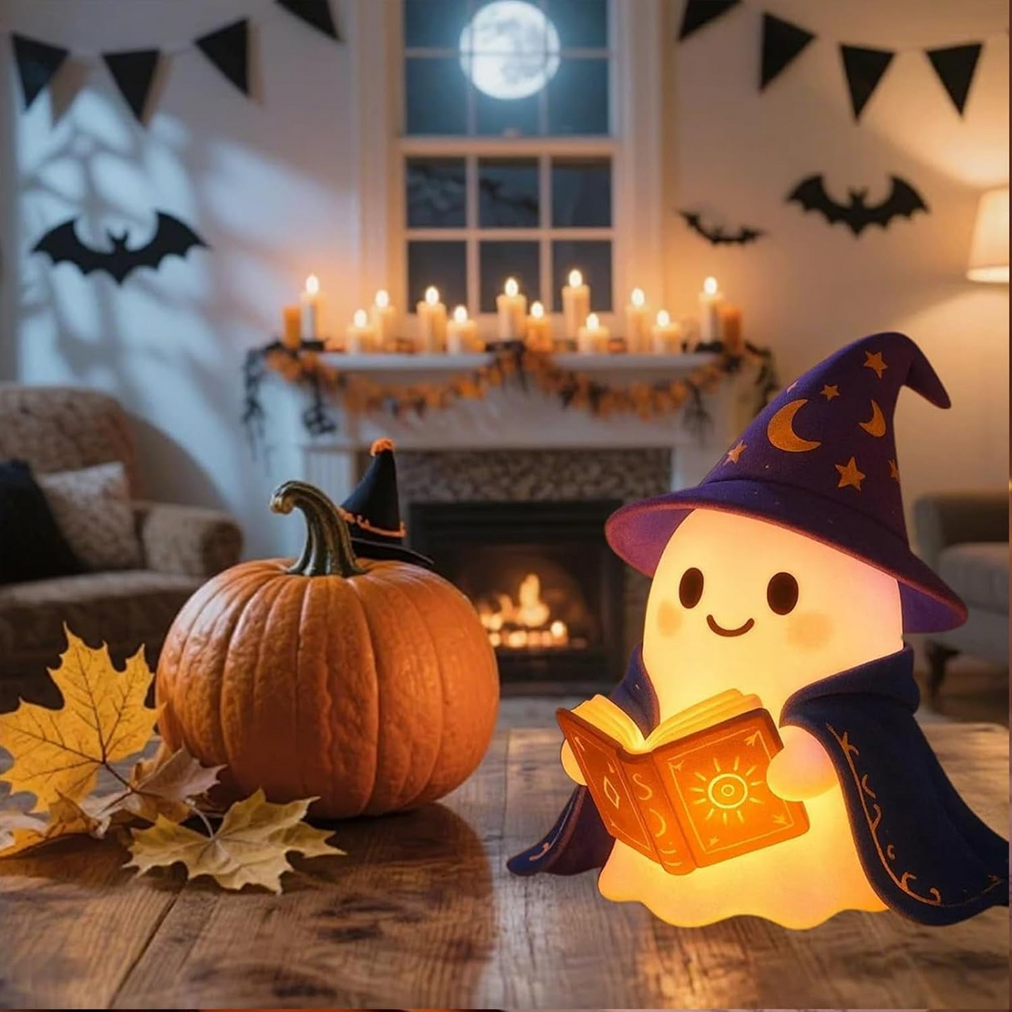 Wizard Reading Ghost LED Night Light Resin Cute Desk Lamp Portable Hallowee