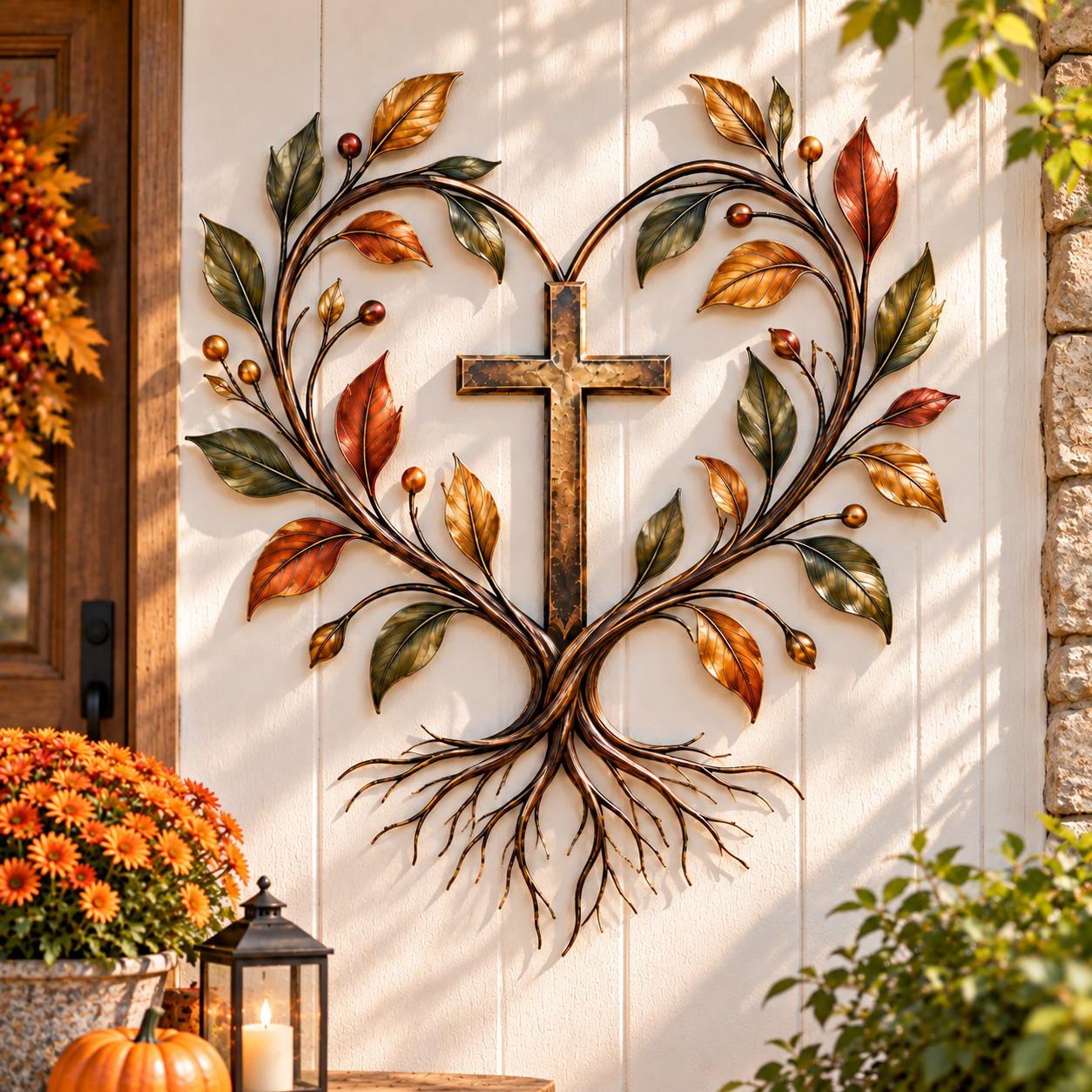 Cross Tree of Life Fall Metal Wall Decor displayed in a warm autumn entryway
