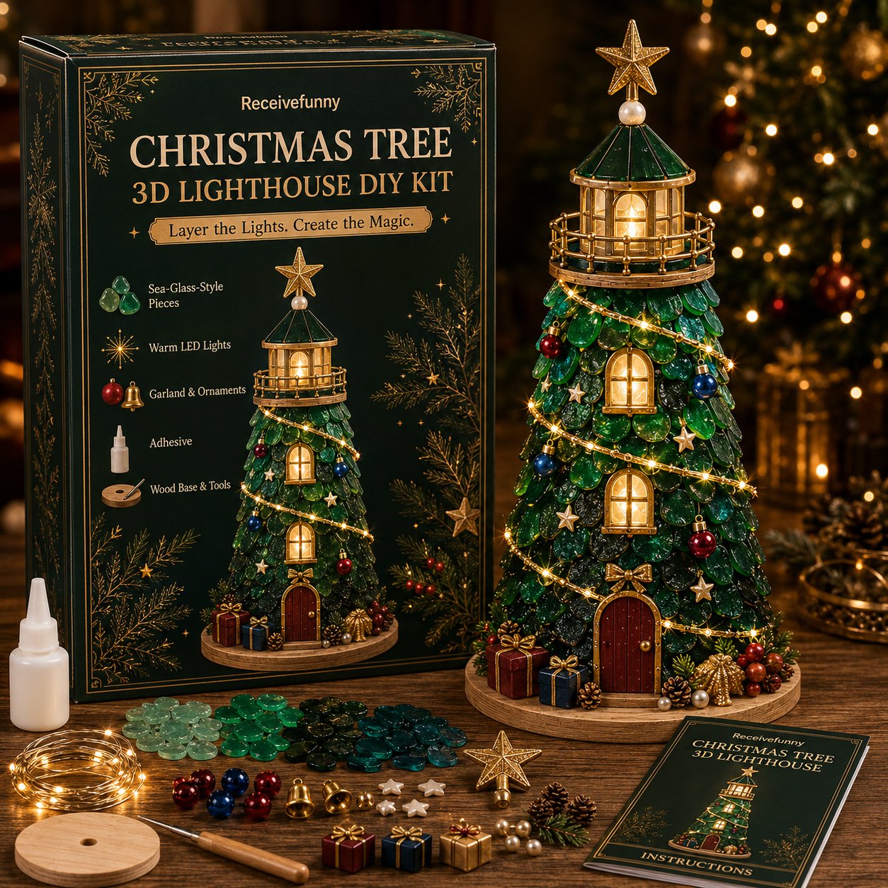 🎄Beginner-Friendly DIY Lighted Christmas Character Sea Glass-Style Lighthouse Kit Collection