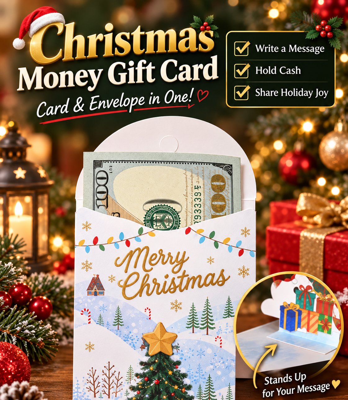 🎁3D Christmas Money Gift Card, Pop Up Holiday Card with Cash Envelope, Creative Christmas Greeting Card for Kids, Family & Loved Ones💵