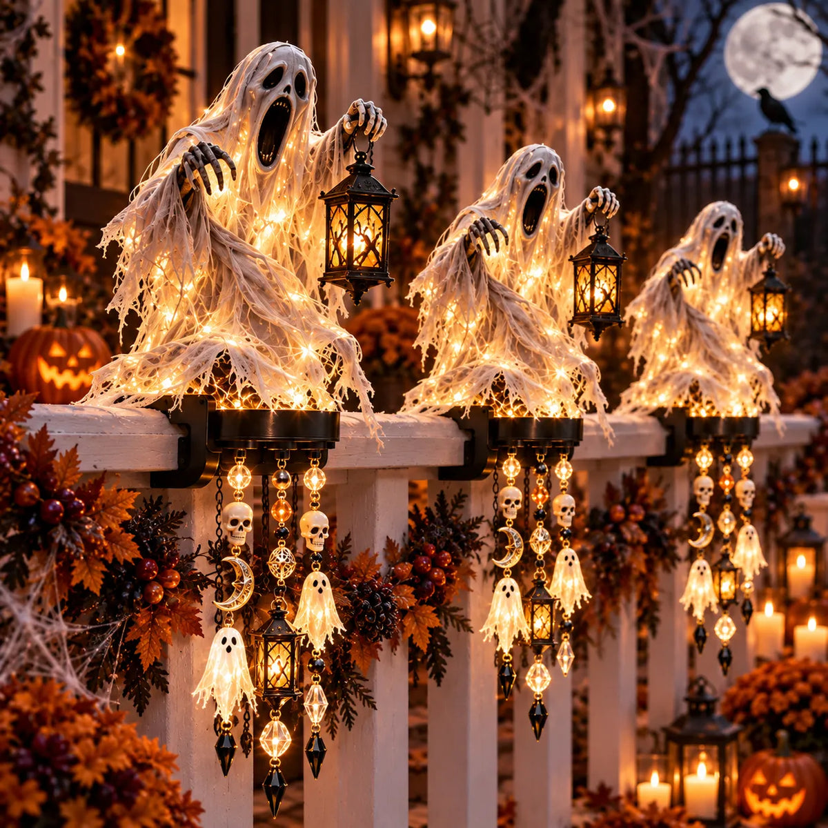 🎃 Halloween Character Glow Cascade Railing Lights – Pumpkin, Witch, Ghost & Black Cat