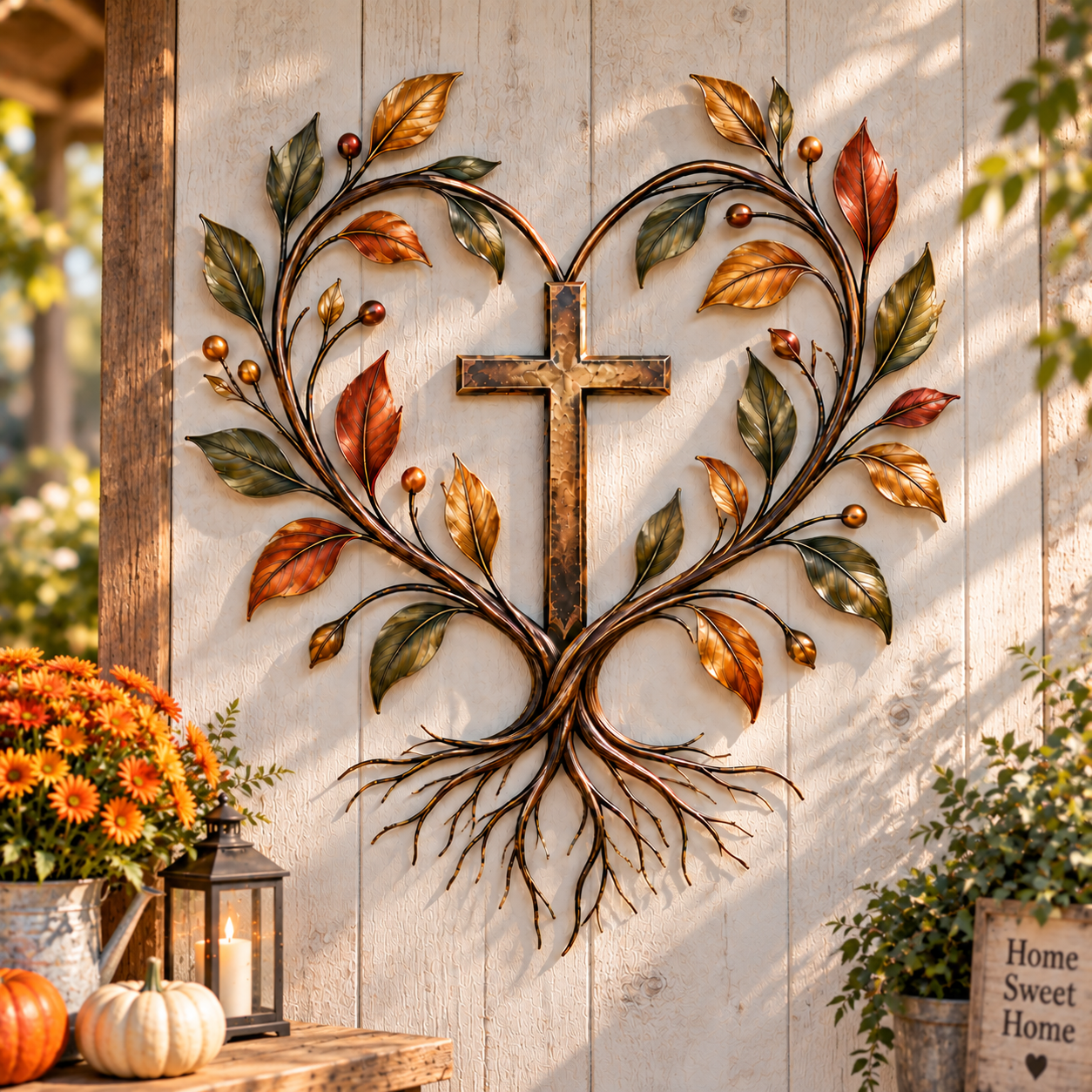 Christian Cross Tree of Life wall art with autumn leaves