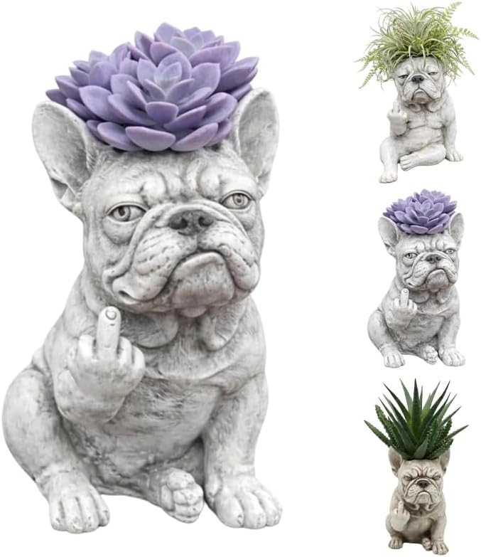 Funny French Bulldog Planter – Middle Finger Resin Succulent Pot, Cheeky Dog Statue for Desk & Garden, Unique Gift for Dog & Plant Lovers