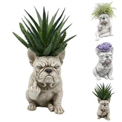 Funny French Bulldog Planter – Middle Finger Resin Succulent Pot, Cheeky Dog Statue for Desk & Garden, Unique Gift for Dog & Plant Lovers