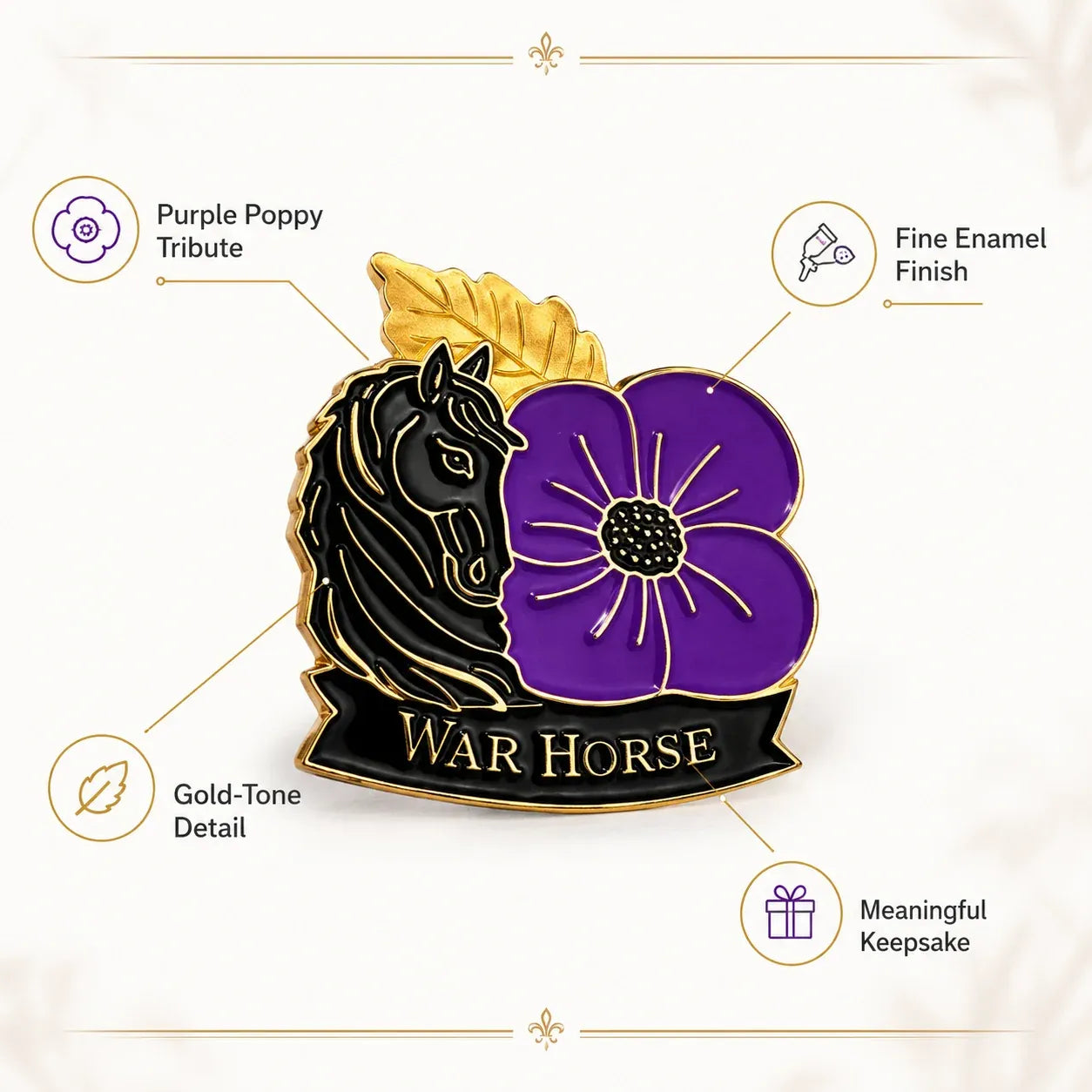 🐴 111th Anniversary War Horse Purple Poppy Remembrance Brooch | Meaningful Memorial Keepsake with Antique-Inspired Details for Veterans, Horse Lovers & History Collectors 💜
