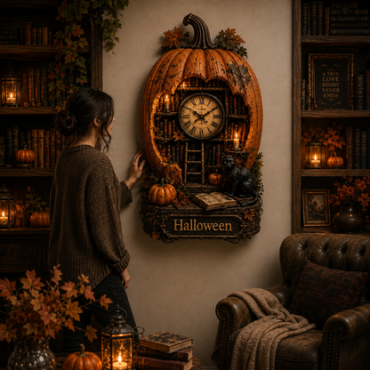 Halloween Pumpkin Library Wall Clock – Gothic Vintage Decor