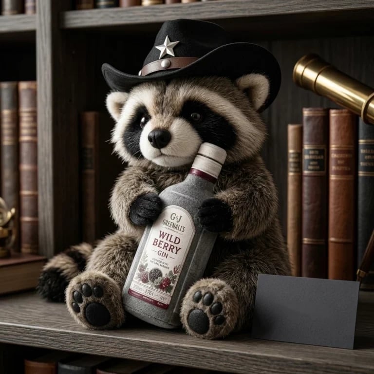 Cowboy raccoon collector plush displayed on a bookshelf