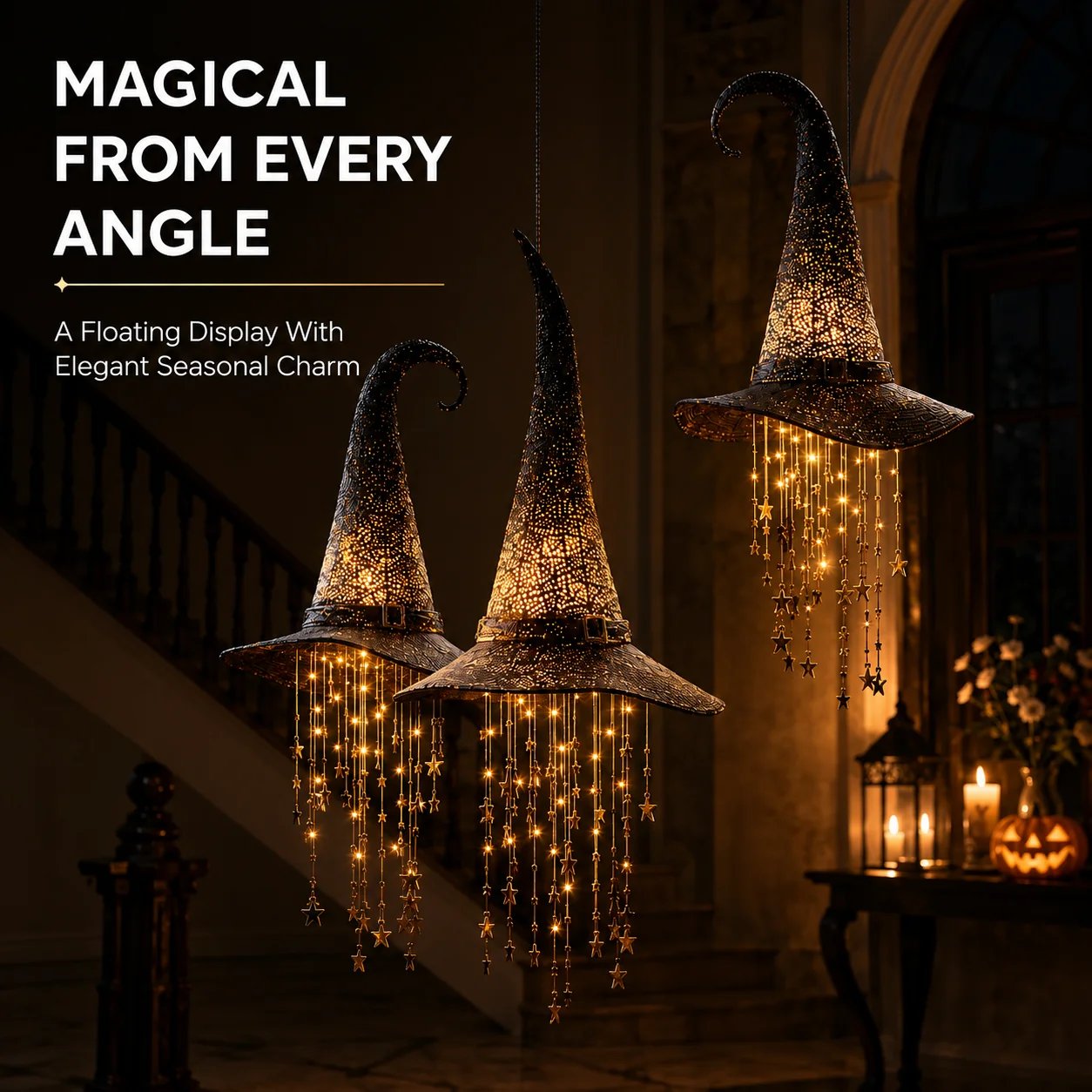 3 Pack Lighted Hanging Witch Hat Star Garland Halloween Decor