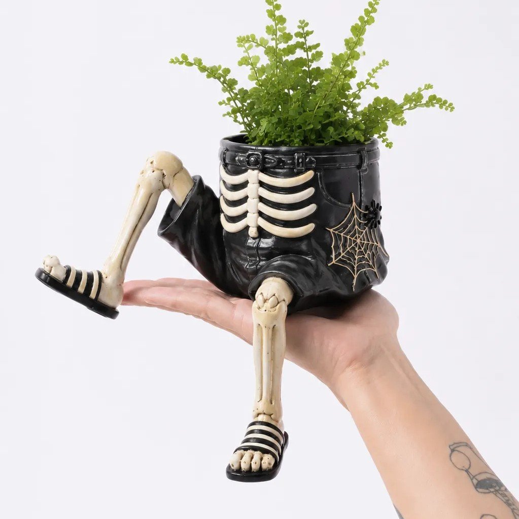 Halloween Whimsical Hanging Leg Planter Handcrafted Fall Skeleton Decor