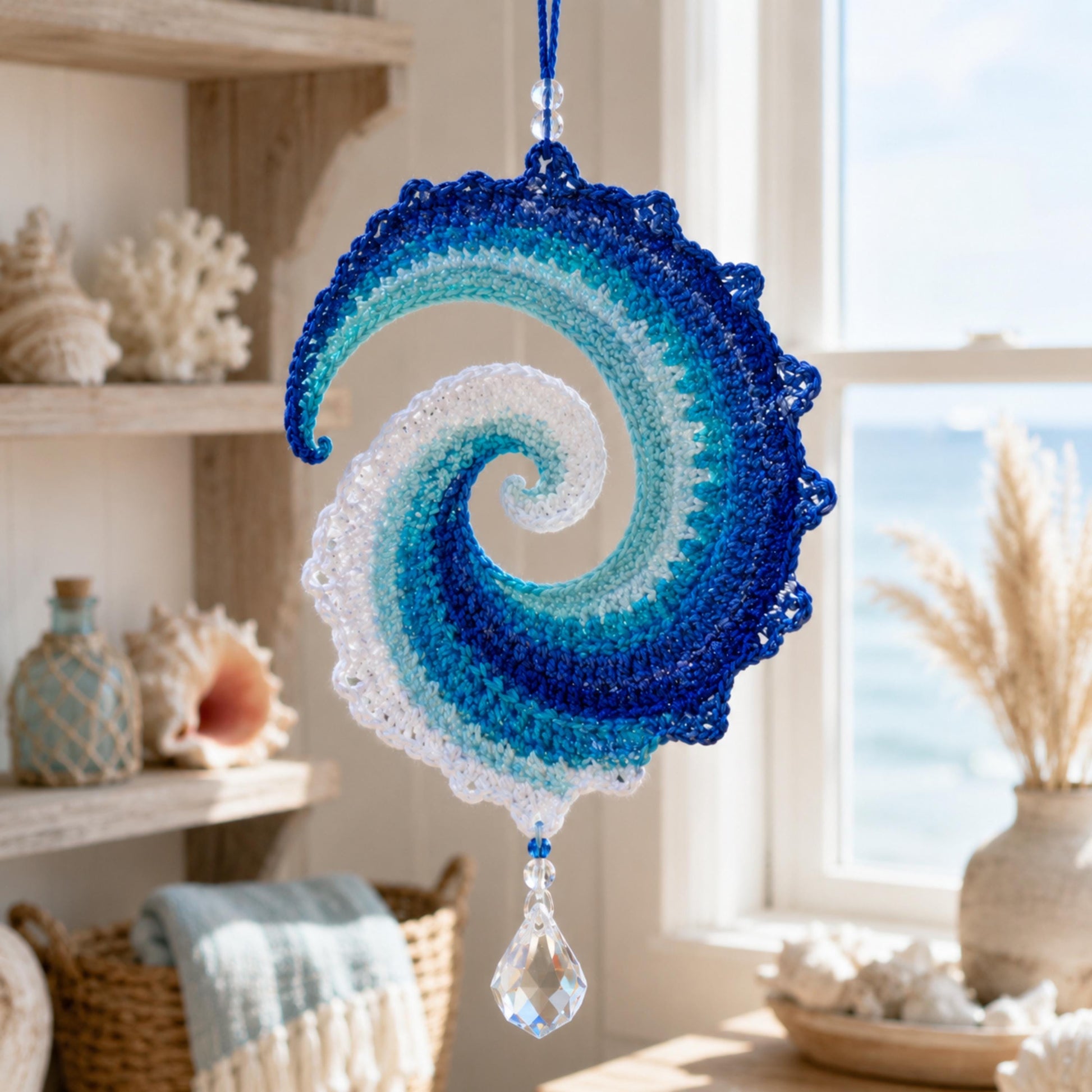 Finished crochet ocean wave hanging near a coastal window