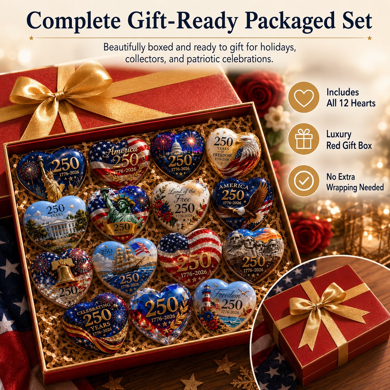 🇺🇸 America 250th Anniversary Commemorative Heart Ornament Collection | 12-Piece Patriotic Keepsake Set