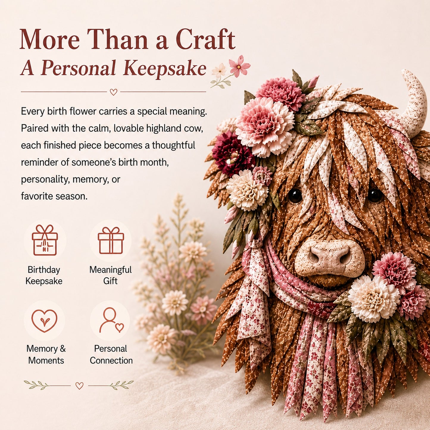 🔥LAST DAY 50% OFF - 🌸Birth Flower Highland Cow Fabric Art DIY Kit – A Handmade Keepsake You Create with Love