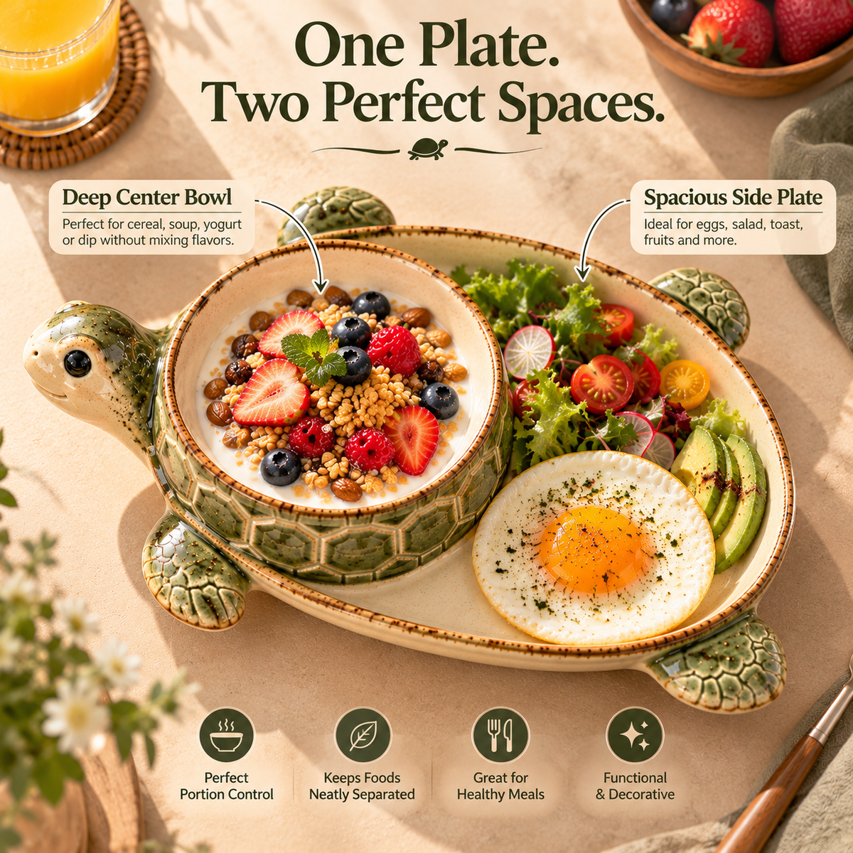 🐢✨ Turtle Morning Delight – Vintage Ceramic Divided Breakfast Plate