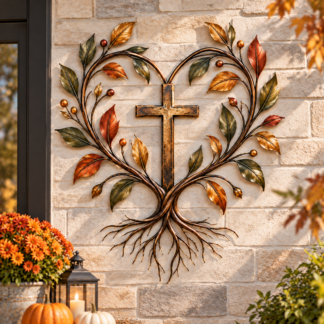 Cross Tree of Life wall decor on stone wall with fall decorations