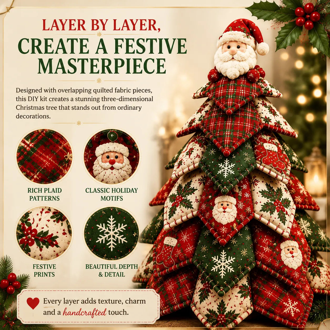 🔥LAST DAY 50% OFF - 🎄🧵DIY Quilted Christmas Tree Kit – Handmade Fabric Holiday Tabletop Tree Decor