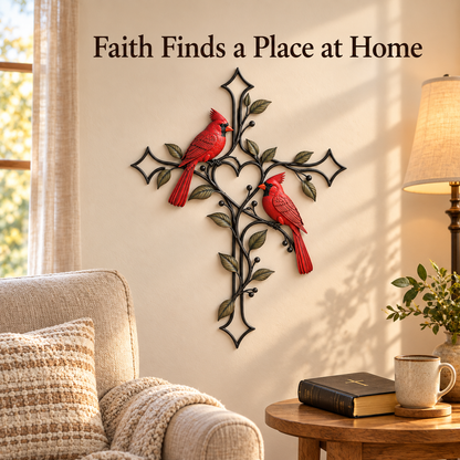 🐦❤️ Love Stays Close – Cardinal Heart Cross Wall Decor