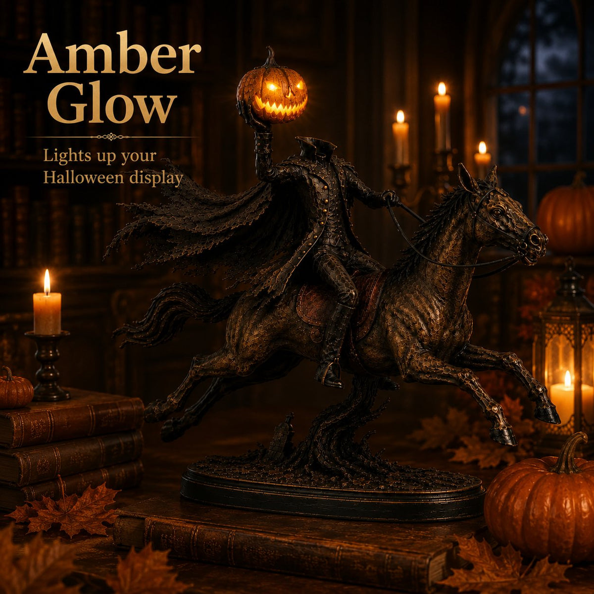 Amber glowing jack-o-lantern on Midnight Chase Headless Horseman statue