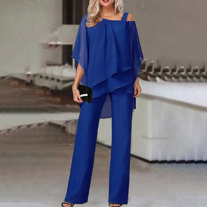 Elegant Layered Chiffon Top & Wide-Leg Pants Set
