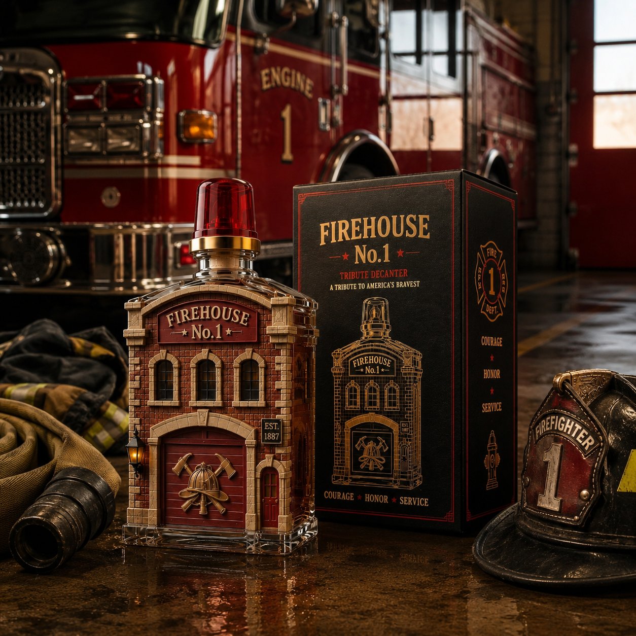 Firehouse tribute bottle displayed beside a fire engine and helmet